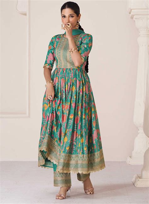 Buy Teal Green Embroidery Printed Organza Silk Anarkali Suit Party Wear