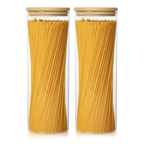 Cam saklama kapları 2 Set 71Oz uzun spagetti kapaklı bambu kavanoz