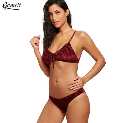 Gameit Women Sexy Bikini Set Push Up Swimsuit Striped Spaghetti Strap