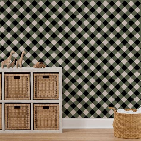 Dark Green And Nude Gingham Wallpaper Spoonflower