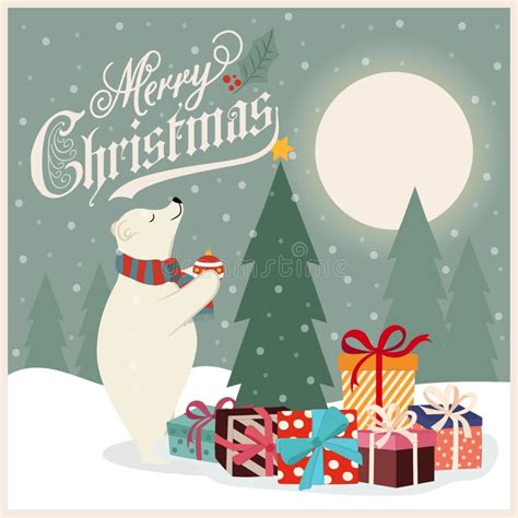 Christmas Card With Polar Bear That Adorns The Christmas Tree Stock