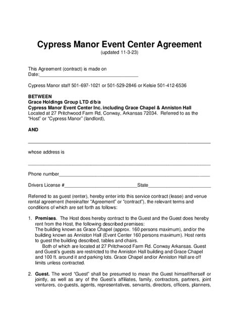 Fillable Online Cypress Manor Event Center Agreement Fax Email Print