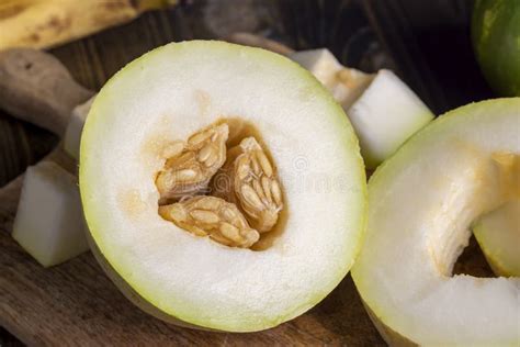 Cut Into Pieces Ripe Yellow Melon With Sweet Pulp Stock Photo Image