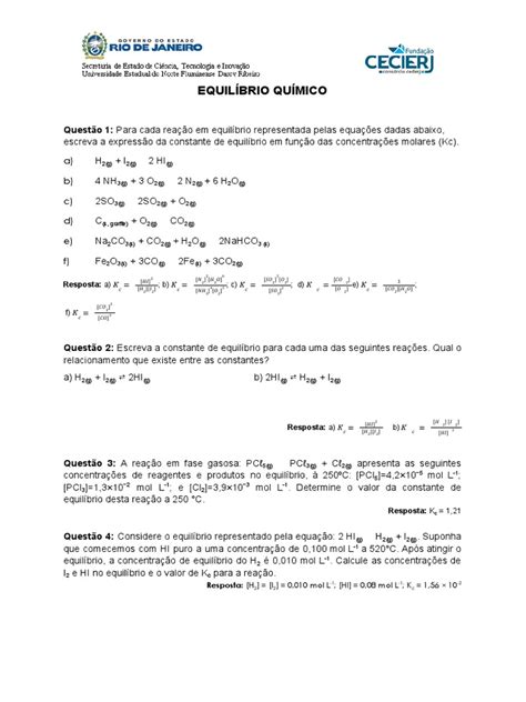 Exercícios Lista 1 Pdf Equilíbrio Químico Reações Químicas