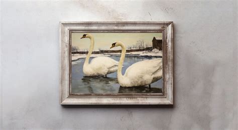 Swans in Winter Vintage Painting Snow Impressionism Nature Wildlife Art ...