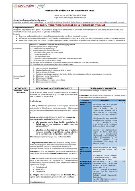 Planeación didáctica Unidad 1 Planeación didáctica del docente en