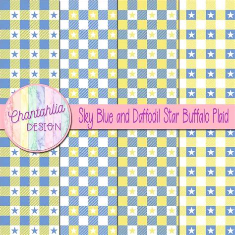 Sky Blue And Daffodil Star Buffalo Plaid Digital Papers