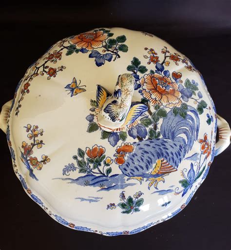 Proantic Paire De Grandes Soupi Res En Gien Motif Delft Coq Et