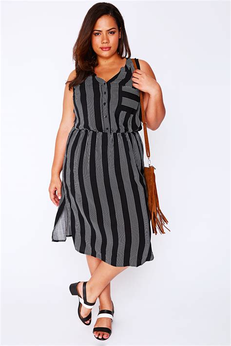 Black And White Pin Stripe Sleeveless Shirt Dress Plus Size 16 To 32