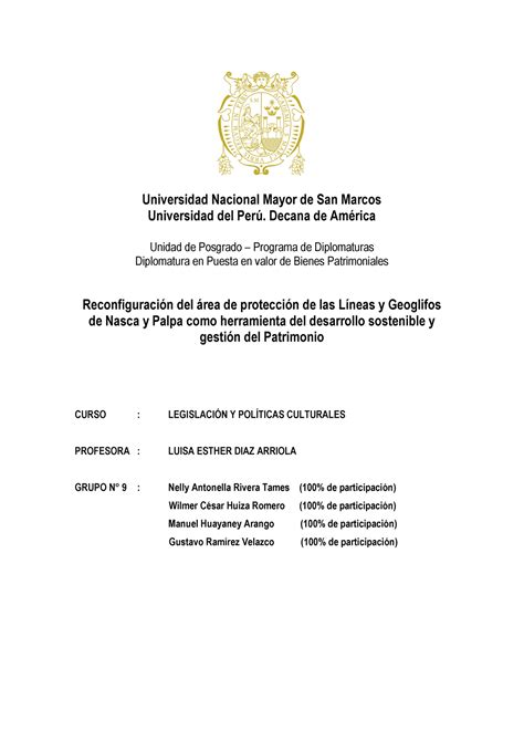 Trabajo Final Legislacion Y Politicas Culturales Grupo 9 Universidad Nacional Mayor De San