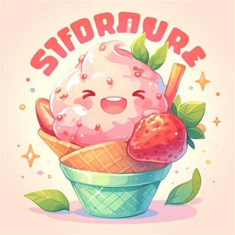 Frosty Strawberry Sorbet Dessert Cartoon Art Premium Ai Generated Vector