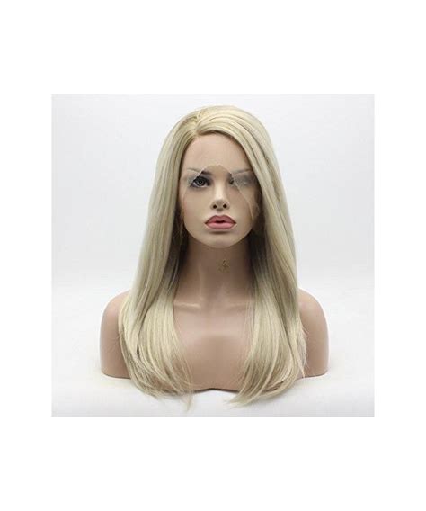 Medium Length Straight Brown Root Blonde Ombre Wig Half Hand Tied Heat