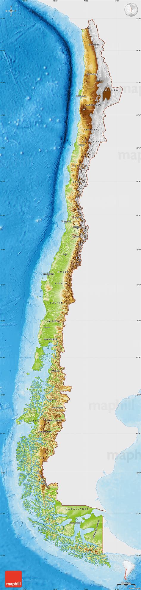 Physical Map of Chile, single color outside