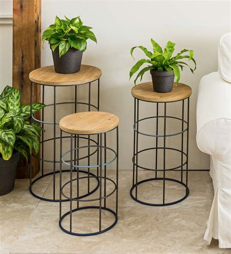 Metal And Wood Round Nesting Side Tables Set Of 3 Wind And Weather