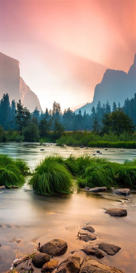 Sunrise, Yosemite National Park, stream, mountains, 1080x2160 wallpaper | Beautiful landscape ...