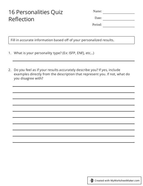 Personalities Quiz Reflection My Worksheet Maker Create Your Own