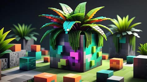 Planta Artificial Inspirada En Minecraft Compuesta Por Cubos Digitales