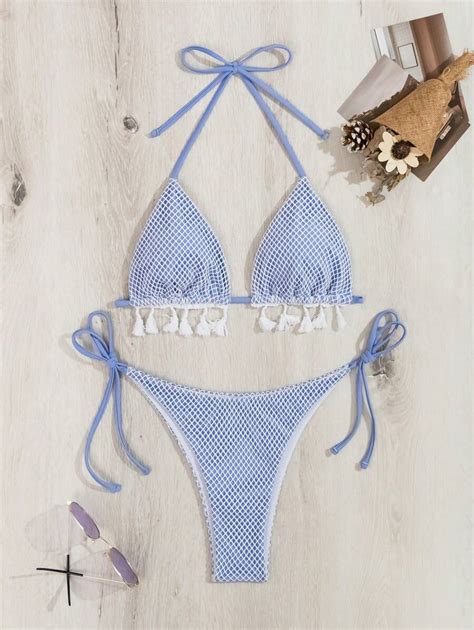 Conjunto De Bikini Halter V cuello Con Diseño De Diamante Y Borlas