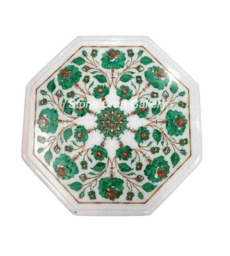 White Marble Side Table Top Semi Precious Stones Inlay Work Art