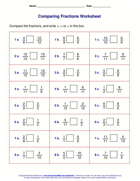 Comparing Fractions Worksheets Grade 5