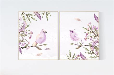 Nursery wall art birds, nursery decor girl floral, purple, nursery ...