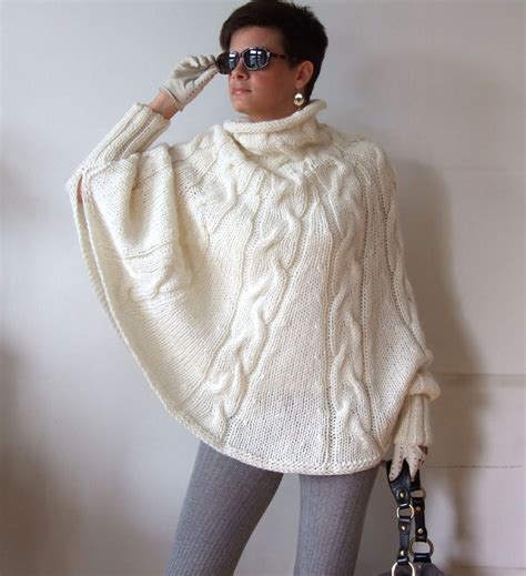 Hand Knitted Poncho Braided Cape Sweater Fall Fashion Cabled Poncho