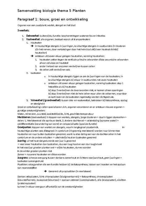 Biologie Samenvatting Thema 5 Planten Paragraaf 1 Bouw Groei En