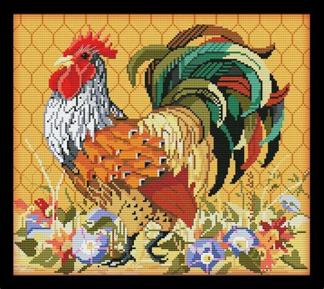 Colorful Rooster Cross Stitch Design Counted Cross Etsy