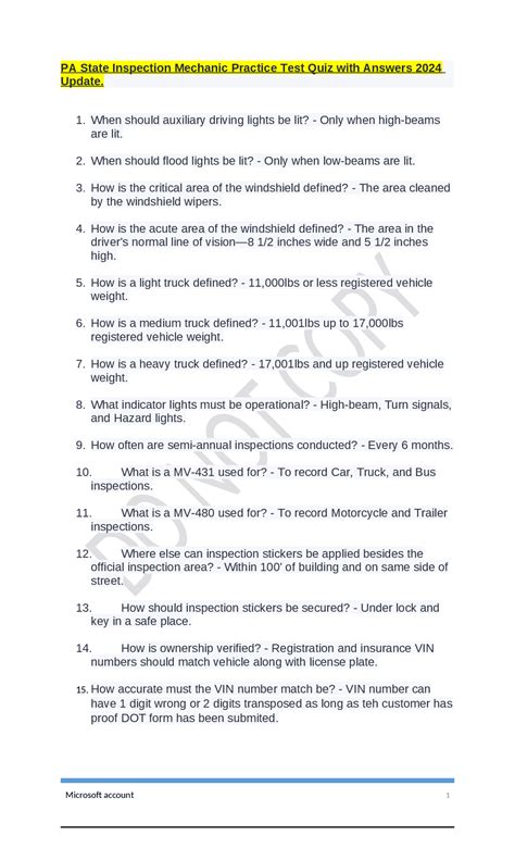 Pa State Inspection Practice Test