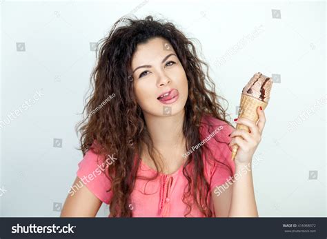 Sexy Brunette Woman Curly Hair Eats Stock Photo 416968372 Shutterstock