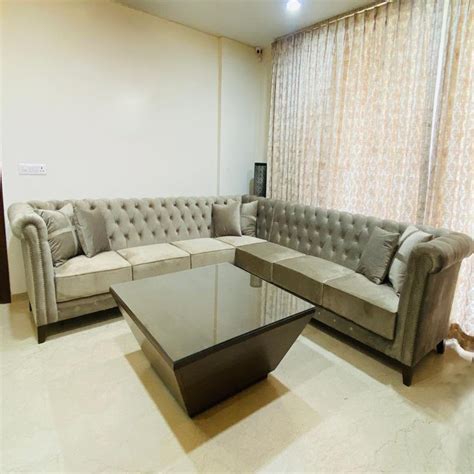 7 Seater Leather Grey L Shape Wooden Sofa Set Without Lounger At Rs