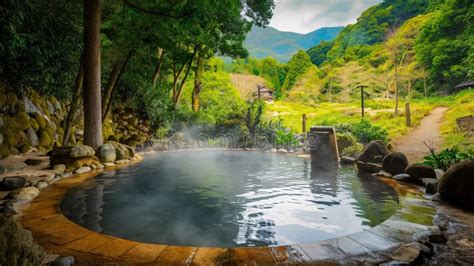 AI Generated Onsen Traditional Japanese Hot Prings Outdoor Landscape Calm Stock Illustration