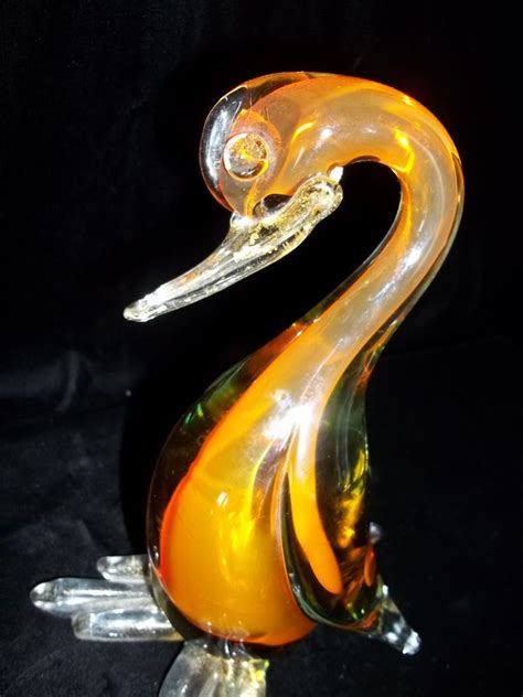 S Murano Glass Shy Bird Penguin Duck Gold Flecks Orange Green Big