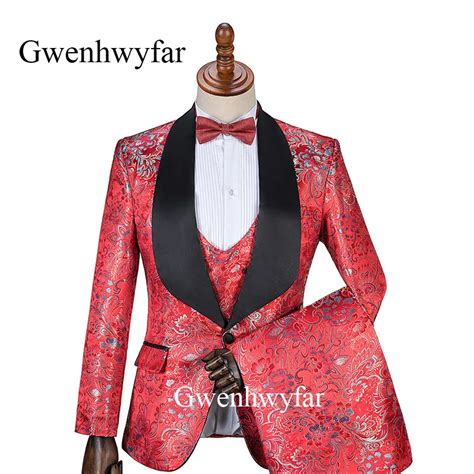 Gwenhwyfar Fashion Floral Red Suit Jacketpantsvest Men 2019 Single