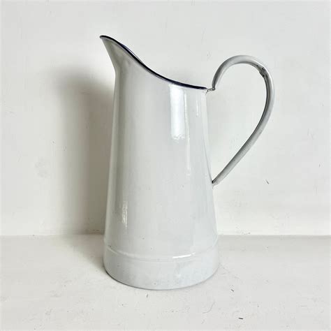 French Vintage White Enamel Pitcher Enamel Jug French Antique