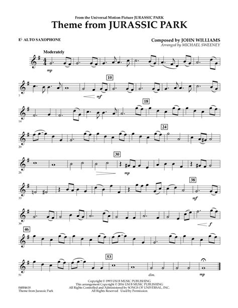 Theme From Jurassic Park Eb Alto Saxophone By Michael Sweeney Alto Saxophone Digital Sheet