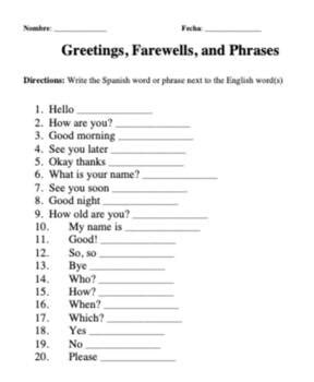 Spanish Worksheets Beginner Vocabulary Words Phrases Numbers Colors