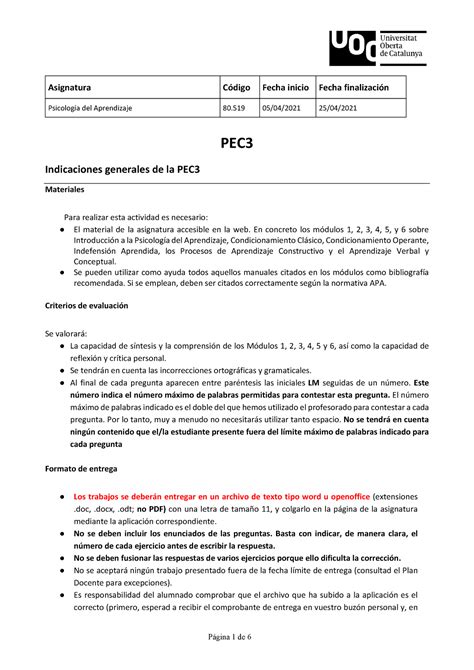 Psicologia del aprendizaje PEC 3 Psicología del Aprendizaje 80 05 04