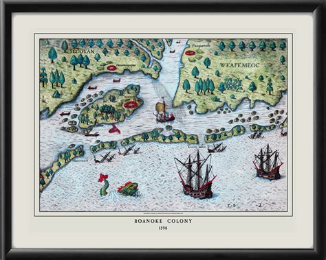 Roanoke Colony NC 1590 Restored Map | Vintage City Maps