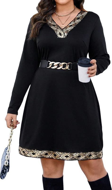 Makemechic Women S Plus Size Casual Long Sleeve V Neck High Waist Dress