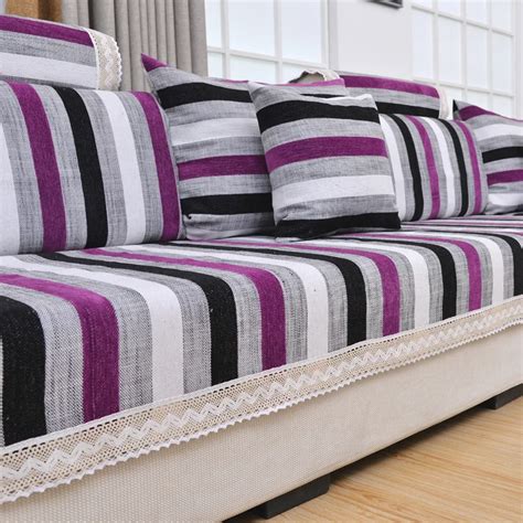 European Style Purple Striped Sofa Cover Cotton Linen Fabric Four ...