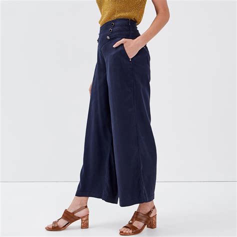 Pantalon Large Taille Haute Bleu Fonc Femme Vibs