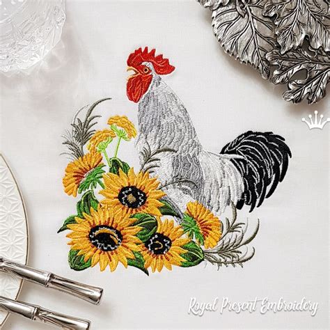 Rooster In A Thicket Of Sunflowers Machine Embroidery Design Sizes