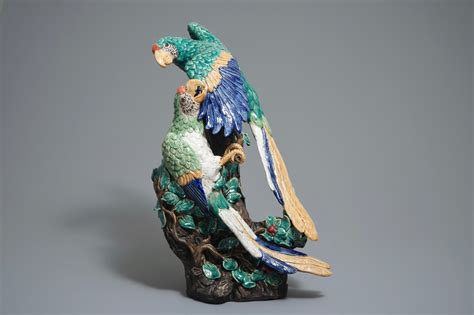 A Large Chinese Shiwan Pottery Group Of Parrots Impressed Mark 20th C