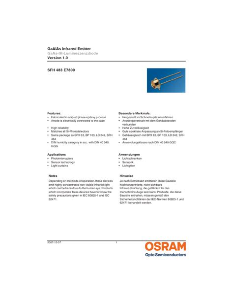 SFH483E7800 Datasheet PDF GaAlAs Infrared Emitter