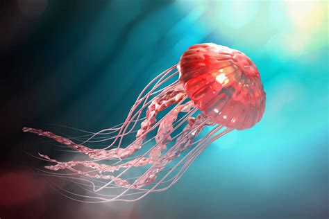 D Rendering Of Pink Jellyfish Floating In The Dark Blue Ocean