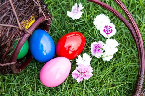 Free Photo Basket Of Easter Eggs On Green Grass