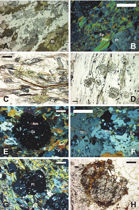 Photomicrographs of rock thin section scale bars refer to 300 µm A