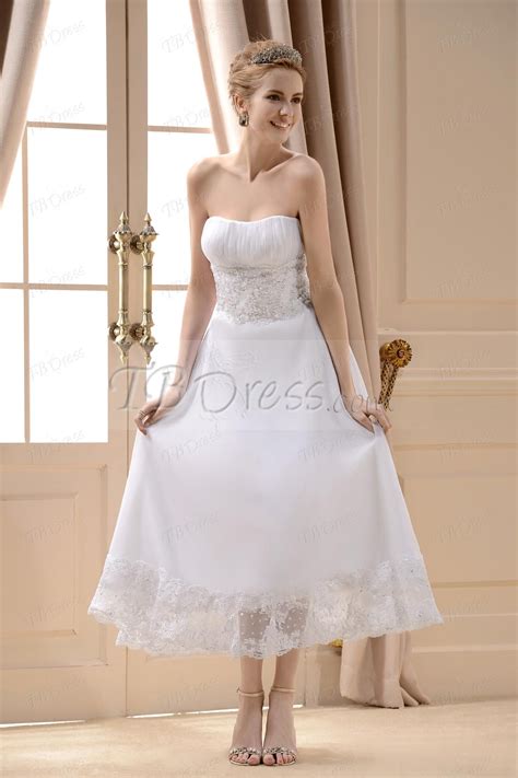 A Line Princess Strapless Tea Length Wedding Dress For Brides Chiffon