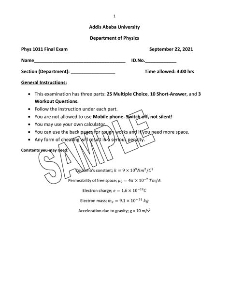 Phys Final Sample Physics Module Addis Ababa University